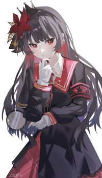 1girl armband black_hair black_shirt black_skirt closed_mouth collared_shirt cowboy_shot crown flower hair_flower hair_ornament hand_on_own_chin highres holding holding_magnifying_glass layered_skirt long_hair long_sleeves looking_at_viewer magnifying_glass mahou_shoujo_no_majo_saiban necktie nikaido_hiro red_armband red_eyes red_flower red_necktie red_sailor_collar sailor_collar shirt simple_background skirt solo standing thinking white_background yyz_bei_lun_sang