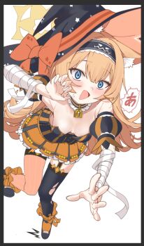 1girl alternate_costume amaton707 animal_ears bandaged_arm bandages black_hat black_thighhighs blue_archive blue_eyes blush breasts claw_pose detached_sleeves dress hairband halloween halloween_costume halo hat long_hair looking_at_viewer mari_(blue_archive) open_mouth orange_dress orange_hair orange_shoes orange_thighhighs shoes simple_background small_breasts solo striped_clothes thighhighs torn_clothes torn_thighhighs white_background witch_hat yellow_halo