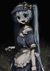 Rule 34 | 1girl, apron, aqua hair, black background, black eyes, blood, blood on face, blue dress, blue hat, bow, buttons, confetti, crazy eyes, crazy smile, dark, dress, empty eyes, grass, hair between eyes, hand up, hat, hat bow, hatsune miku, highres, horror (theme), long hair, looking at viewer, mesmerizer (vocaloid), open mouth, pale skin, pinstripe dress, pinstripe hat, pinstripe pattern, puffy short sleeves, puffy sleeves, sayuna sr, sharp teeth, short sleeves, sidelocks, signature, smile, solo, squiggle eyes, striped bow, striped clothes, striped dress, teeth, tongue, tongue out, twintails, twitter username, vertical-striped bow, vertical-striped clothes, vertical-striped dress, visor cap, vocaloid, white apron