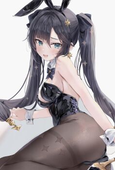 1girl alternate_costume animal_ears aqua_eyes bare_shoulders black_bow black_bowtie black_hair black_leotard bow bowtie breasts brown_pantyhose commentary detached_collar fake_animal_ears genshin_impact hair_ornament highres leotard long_hair maruro mona_(genshin_impact) open_mouth pantyhose playboy_bunny rabbit_ears simple_background smile solo symbol-only_commentary twintails white_background