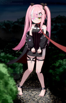 1girl absurdres azur_lane bandaid bandaid_on_knee bandaid_on_leg bare_legs bare_shoulders barefoot bdsm black_dress black_jacket black_ribbon bondage bound bound_ankles bound_wrists breasts caschwert cat_hair_ornament clothes_pull collar commentary_request cross cuffs dress eyepatch frown full_body hair_ornament hair_ribbon hairclip handcuffs heart heart_o-ring heart_print highres holding holding_leash iron_cross jacket jacket_pull knees_together_feet_apart leash loli long_hair multicolored_hair multiple_thigh_straps night o-ring o-ring_thigh_strap object_insertion open_clothes open_jacket outdoors pink_hair remote_control_vibrator ribbon sex_toy shackles short_dress sky slave sleeveless sleeveless_dress small_breasts solo star_(sky) starry_sky streaked_hair striped_clothes striped_dress thigh_strap thighs twintails two-tone_hair vaginal vaginal_object_insertion vertical-striped_clothes vertical-striped_dress very_long_hair vibrator vibrator_in_thigh_strap viewer_holding_leash white_hair x_hair_ornament z47_(azur_lane)