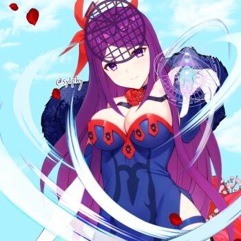 1girl bare_shoulders blue_dress breasts cleavage dress fascinator fire_emblem fire_emblem_engage ivy_(fire_emblem) large_breasts long_hair looking_at_viewer nintendo purple_eyes purple_hair see-through_clothes see-through_headwear spiked sylphy_fe