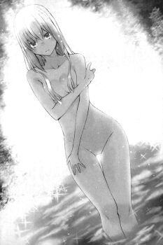 1girl aiz_wallenstein breasts breasts_squeezed_together closed_mouth collarbone completely_nude convenient_censoring covering_breasts covering_privates dot_nose dungeon_ni_deai_wo_motomeru_no_wa_machigatteiru_darou_ka female_focus hair_censor highres large_breasts legs long_hair looking_at_viewer midriff monochrome navel novel_illustration nude official_art outdoors sexually_suggestive solo solo_focus stomach thighs yasuda_suzuhito