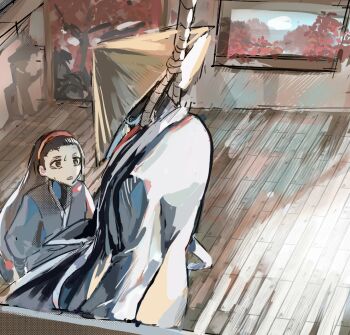 1boy 1girl aeng-du_(project_moon) bamboo-hatted_kim bandaged_arm bandages black_coat black_hair black_kimono coat commentary death from_above hairband hanged hat indoors japanese_clothes jingasa kimono limbus_company looking_at_another necktie project_moon red_hairband red_necktie rope shoggoth_(sirens20211) suicide sweatdrop symbol-only_commentary white_trim