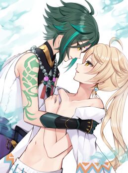 Rule 34 | 2boys, aether (genshin impact), blonde hair, body markings, closed mouth, cocuricot, commentary request, earrings, genshin impact, gloves, green hair, highres, jewelry, looking at another, male focus, multiple boys, necklace, no shirt, open mouth, pearl necklace, ponytail, smile, towel, xiao (genshin impact), yaoi, yellow eyes