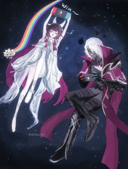 Rule 34 | 1boy, 1girl, 303owo303, bandage on chest, bandage on face, bandage over one eye, bandages, bare legs, black bandages, black hair, blush, cloak, closed eyes, collar, columbina (genshin impact), commentary request, controller, dress, english text, eye mask, full body, game controller, genshin impact, hair ornament, hands up, head wings, highres, holding, holding controller, holding game controller, leg up, long hair, mask, multicolored hair, multiple wings, musical note, night, open mouth, playing games, purple cloak, purple collar, purple hair, purple streaks, rainbow, rerir (genshin impact), sandrone (genshin impact), smile, star (symbol), streaked hair, twitter username, two-tone hair, very long hair, white dress, white hair, white wings, wing hair ornament, wings