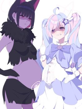 2girsl absurdres ahoge angry animal_ears big_belly blue_archive cat_ears dress drill_hair glaring gloves grin hair_ornament halo hands_on_own_hips highres kazusa_(blue_archive) kazusa_(halloween)_(blue_archive) long_hair looking_at_another madrawing magical_girl middle_finger miniskirt multicolored_hair open_mouth pink_hair pink_halo pregnancy_halo pregnant puffy_short_sleeves puffy_sleeves purple_eyes reisa_(blue_archive) reisa_(magical)_(blue_archive) shaded_face short_sleeves skirt smile star_(symbol) star_hair_ornament star_halo twin_drills twintails two-tone_hair very_long_hair white_background white_gloves