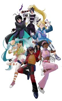 2girls 4boys adapted_costume ahoge alternate_costume alternate_skin_color androgynous antenna_hair armband bag bakugan bakugan_battle_brawlers bell-bottoms belt between_fingers black_coat black_gloves black_hair black_pants blonde_hair blue-framed_eyewear blue_eyes blue_jacket brown_hair card coat commentary cropped_jacket cropped_vest dark-skinned_female dark_skin earrings english_commentary expressionless eyeshadow fingerless_gloves full_body gloves goggles goggles_on_head green_jacket grin hand_to_head hand_up heart heart_earrings highres holding holding_card hood hooded_jacket jacket jewelry julie_heyward kazami_shun knee_up kuusou_danma leg_up long_hair looking_at_viewer looking_to_the_side makeup marukura_marucho masquerade_(bakugan) misaki_runo multiple_belts multiple_boys multiple_girls one_eye_closed open_mouth pale_skin pants pink_eyeshadow pink_pants pink_shoes pink_shorts pink_vest platform_shoes ponytail red-framed_eyewear red_eyes red_gloves red_jacket red_pants redesign satchel semi-rimless_eyewear shirt shoes short_hair short_sleeves shorts smile spiked_hair sunglasses the-fridge-orange triangular_eyewear twintails two-tone_pants very_dark_skin very_long_hair vest white_coat white_gloves white_shoes yellow_shirt