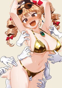1girl alternate_costume armpits arms_up barefoot bikini blush bow breasts cleavage commentary_request crying crying_with_eyes_open disembodied_hand drill_hair earrings eyewear_on_head fingering fingering_through_clothes gloves gold_bikini hat hat_bow highres jewelry lalulo_(asunanisiyou) large_breasts looking_at_viewer necklace open_mouth orange_eyes orange_hair pendant pussy_juice round_eyewear simple_background smile solo_focus sunglasses swimsuit tears through_clothes tickle_torture tickling tickling_armpits tickling_feet tickling_stomach toes top_hat touhou twin_drills white_bow white_gloves yorigami_jo'on