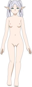 1girl absurdres aqua_eyes armpit_crease arms_at_sides breasts cleft_of_venus completely_nude earrings elf expressionless eyebrows_hidden_by_hair eyelashes facing_viewer feet female_focus frieren full_body gluteal_fold groin highres jewelry knees legs lionprideart long_hair long_image looking_at_viewer navel neck nipples nude parted_bangs pendant pointy_ears sidelocks small_breasts sousou_no_frieren standing tall_image teardrop_earring thighs toenails toes transparent_background twintails white_hair