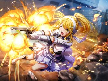 Rule 34 | 1girl, blonde hair, boots, explosion, finger on trigger, game cg, gloves, grey shirt, grey skirt, gun, handgun, headphones, holding, holding gun, holding weapon, long sleeves, official art, one eye closed, ootsuki aruru, open mouth, ponytail, revolver, shirt, shoujo kageki revue starlight, shoujo kageki revue starlight -re live-, sidelocks, skirt, solo, v-shaped eyebrows, weapon, white boots, white gloves, yellow eyes