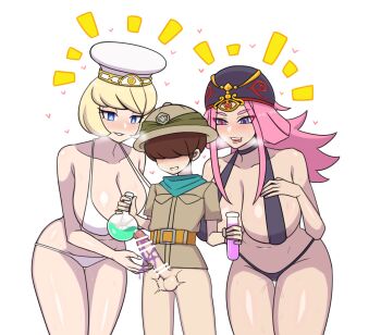 1boy 2girls age_difference bandana bar_censor belt bikini black_bikini blonde_hair blue_eyes blush bottomless breasts brown_hair censored character_request fantasy_life hat heart highres karei_(otachi18) large_breasts licking_lips liquid multiple_girls onee-shota pink_hair pussy_juice shota sweat swimsuit tagme test_tube tongue tongue_out white_bikini