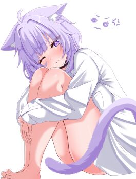 1girl absurdres ahoge animal_ear_fluff animal_ears blush cat_ears cat_girl cat_tail commentary_request highres hololive long_sleeves looking_at_viewer muutsu_(maxwell0916) nekomata_okayu one_eye_closed purple_eyes purple_hair shirt simple_background sitting solo tail tears virtual_youtuber white_background white_shirt