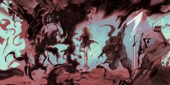 1boy 1girl 1other absurdres armor baggy_clothes black_cloak black_dress black_tunic breastplate cloak commission creature dress fighting full_body highres holding holding_sword holding_weapon hood hood_up logicsterrr long_hair original ponytail second-party_source shadow_slave shoulder_armor skeleton smoke sword too_many_eyes tunic walking weapon white_hair