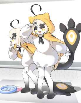 2girls :3 :d absurdres ahoge animal_ear_hood black_eyes blonde_hair blush_stickers buttons cape colored_skin commentary english_commentary fake_animal_ears grem_(gigi_murin) gurumie hair_ornament hair_over_one_eye hair_through_hood highres hololive hololive_english hood hood_down hood_up hooded_cape long_sleeves multiple_girls open_mouth personification puffy_sleeves shirt smile standing tail white_shirt white_skin x_hair_ornament yellow_cape