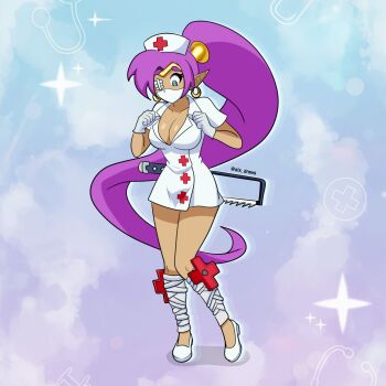 1girl alx_draws blue_eyes breasts cleavage dark-skinned_female dark_skin earrings eyepatch gloves hat jewelry large_breasts long_hair nurse pointy_ears ponytail purple_hair saw shantae shantae_(series) short_sleeves skullgirls valentine_(skullgirls) valentine_(skullgirls)_(cosplay) very_long_hair