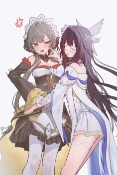 2girls annoyed bare_shoulders black_hair blue_eyes blush breasts brown_hair cheek_poking cleavage closed_eyes columbina_(genshin_impact) commentary_request detached_sleeves dress eye_mask genshin_impact head_wings highres hug long_hair mask multicolored_hair multiple_girls multiple_wings pink_hair poking sandrone_(genshin_impact) scene_reference small_breasts smile takeno_omoti tsundere two-tone_hair very_long_hair white_dress white_mask white_wings wings yuri