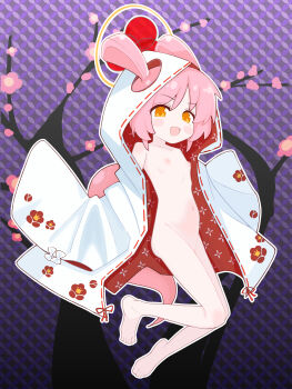 1girl absurdres belly flat_chest fululu_(mamorukun_curse!) highres jigokudani_fululu loli mamorukun_curse! naked_parka nipples open_mouth orange_eyes pink_hair shirt smile solo