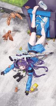 >_< 1girl accident afterimage animal_ear_hairband animal_ears arrow_(symbol) ass binoculars bird black_gloves black_hair blue_archive blue_halo blue_serafuku blue_shirt blue_skirt blunt_bangs blush bolt_action brown_bird closed_eyes clothes_lift commentary day fake_animal_ears feet flying from_above full_body furrowed_brow gloves gun hair_spread_out hairband halo highres knee_pads leaf leaf_on_head legs legs_up long_hair long_sleeves lying midriff miniskirt miyu_(blue_archive) mosin-nagant no_shoes on_ground on_stomach open_mouth outdoors pantyhose pleated_skirt rabbit_ear_hairband rabbit_ears recycling_symbol rifle road sailor_collar school_uniform serafuku shirt shoe_soles shoes sidelocks single_knee_pad single_shoe skirt skirt_lift soles solo suou_makoto tearing_up thighs toes trash_can wavy_mouth weapon white_hairband white_pantyhose white_sailor_collar