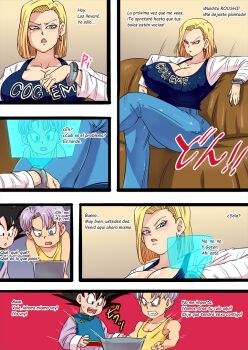 1girl 2boys age_difference android_18 breasts cleavage dragon_ball dragon_ball_super dragonball_z huge_breasts multiple_boys onee-shota rickert_kai shota son_goten trunks_(dragon_ball)