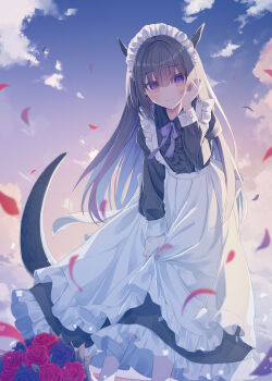 1girl apron bandaid bandaid_on_cheek bandaid_on_face black_dress black_hair blue_flower blue_hair blue_rose blue_sky blush brown_sky center_frills closed_mouth cloud collared_dress commentary_request dress flower frills gradient_sky hair_between_eyes hand_up highres horns kavka long_hair long_sleeves looking_at_viewer maid maid_headdress mole mole_under_eye mole_under_mouth multicolored_hair original outdoors petals puffy_long_sleeves puffy_sleeves purple_eyes rose sky smile solo sunset tail two-tone_hair very_long_hair white_apron white_flower white_rose