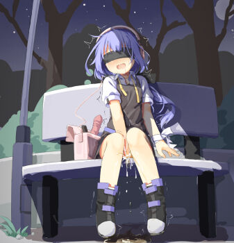 1girl bad_id bad_twitter_id bench black_dress blindfold blue_hair blush collared_shirt dildo dress drooling female_ejaculation female_focus female_masturbation female_orgasm flat_chest hair_ornament hairclip hassai headphones highres lamppost loli long_hair masturbation moon night orgasm original outdoors park park_bench peeing ponytail public_indecency public_vibrator puddle purple_hair pussy_juice pussy_juice_drip pussy_juice_puddle ribbon saliva sensory_deprivation sex_toy shirt shoes sitting sky sleeveless sleeveless_dress solo star_(sky) starry_sky tears tree vibrator wrist_ribbon