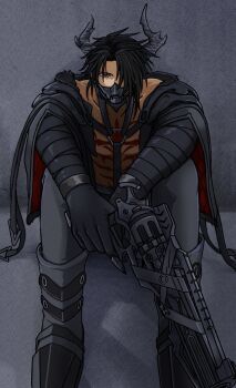 1boy black_boots black_gloves black_hair black_jacket black_pants body_markings boots demon_horns final_fantasy final_fantasy_vii final_fantasy_vii_ever_crisis fur-trimmed_jacket fur_trim galian_beast gloves gun hair_over_one_eye highres holding holding_gun holding_weapon horns hugging_own_legs jacket long_hair male_focus muzzle_(mask) official_alternate_costume pants red_eyes s_m_man sitting solo vincent_valentine vincent_valentine_(galian_beast_mantle) weapon
