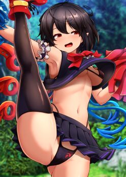 1girl arm_garter armpits asymmetrical_wings bikini bikini_under_clothes black_bikini black_hair black_shirt black_skirt black_thighhighs blue_wings blush boots bow bowtie breasts center_frills commentary_request crop_top foot_out_of_frame frills highres holding holding_pom_poms houjuu_nue large_variant_set looking_to_the_side miniskirt navel open_mouth outdoors peso_(cheese_company) pleated_skirt pointy_ears pom_pom_(cheerleading) pom_poms red_boots red_bow red_bowtie red_eyes red_wings shirt short_hair skirt sleeveless sleeveless_shirt solo split standing standing_on_one_leg standing_split swimsuit thighhighs touhou variant_set wings