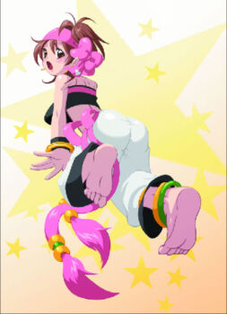 1girl anklet artist_request ass back baggy_pants bare_arms bare_shoulders barefoot belt_ribbon bow bracelet embarrassed feet foot_focus from_behind from_below game_cg gold_anklet gold_bracelet gradient_background green_anklet hair_bow jewelry looking_at_viewer looking_to_the_side median_furrow navel open_mouth pants pink_bow shiny_skin shoulder_blades soles solo star_(symbol) star_symbol_background the_king_of_fighters the_king_of_fighters_xi tongue white_pants