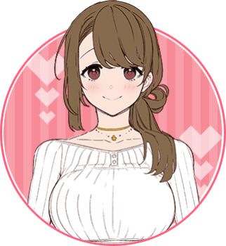 breasts brown_hair dengeki_bunko giuniu heart huge_breasts katsuragi_ayako long_hair lowres musume_janakute_mama_ga_suki_nano!? red_eyes ribbed_sweater side_ponytail sweater