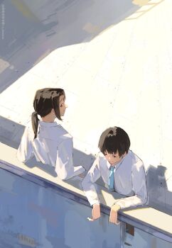 2boys a_abeaver artist_name axis_powers_hetalia black_hair blue_necktie brown_eyes brown_hair china_(hetalia) closed_mouth collared_shirt day from_behind highres japan_(hetalia) long_hair long_sleeves looking_at_another looking_back low_ponytail male_focus mixed-language_commentary multiple_boys necktie outdoors ponytail shadow shirt short_hair sidelocks smile standing sunlight white_shirt