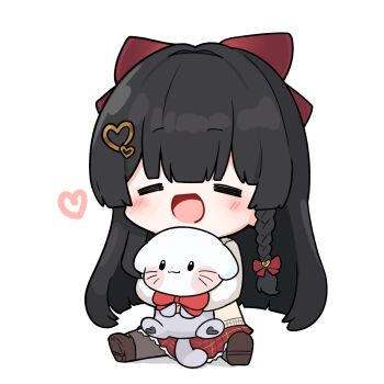 Rule 34 | 1girl, :d, absurdres, animal, black hair, blush, bow, braid, brown shoes, chibi, chibi only, closed eyes, commentary, frilled skirt, frills, full body, grey pantyhose, hair bow, hair ornament, heart, heart hair ornament, highres, holding, holding animal, long hair, long sleeves, open mouth, pantyhose, plaid clothes, plaid skirt, pleated skirt, red bow, red skirt, shirayuki hina, shoes, simple background, single braid, sitting, skirt, smile, snowmya, solo, stellive, sweater, virtual youtuber, white background, yellow sweater