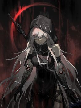 1girl absurdres arm_strap bare_shoulders black_dress bridge_piercing chain chinese_commentary commentary cowboy_shot cracked_skin dress eclipse empty_eyes face_piercing gradient_skin hair_between_eyes high_collar highres holding holding_polearm holding_weapon hole_on_body hood hood_up hooded_dress impaled leaning_forward ling_lingling_(yan7513212) long_hair looking_at_viewer nox_(path_to_nowhere) pale_skin path_to_nowhere piercing polearm rain side_slit solar_eclipse solo straight-on very_long_hair weapon white_eyes white_hair