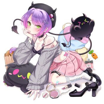 1girl :t arm_tattoo backpack bag bag_charm bandaid bandaid_on_leg barbell_piercing belt belt_collar beret bibi_(tokoyami_towa) black_belt black_bra black_hat black_shoes blue_nails blush bottle bra breast_tattoo breasts buckle cardigan character_name charm_(object) collar commentary_request compact_(cosmetics) cosmetics crossed_bandaids demon_girl demon_tail donut ear_chain ear_piercing fake_horns flower_tattoo food gradient_hair green_eyes grey_cardigan hair_ornament hand_on_own_cheek hand_on_own_face hat heart heart-shaped_buckle heart_hair_ornament heart_tattoo high_heels highres hololive horned_headwear horns industrial_piercing jewelry kurusu_rei leaning_forward leg_tattoo linked_piercing lipstick_tube long_sleeves looking_at_viewer medium_breasts multicolored_hair multicolored_nails nail_polish navel_piercing necklace nekko_(momosuzu_nene) off_shoulder official_alternate_costume open_cardigan open_clothes pearl_necklace perfume_bottle piercing pink_hair pink_nails pink_skirt pleated_skirt pout purple_hair ring seiza shoes short_hair simple_background sitting skirt sleeves_past_wrists socks solo strap_slip tail tail_ornament tail_piercing tattoo thigh_strap tokoyami_towa tokoyami_towa_(jirai_kei) two-tone_hair underwear very_long_fingernails virtual_youtuber white_background white_socks