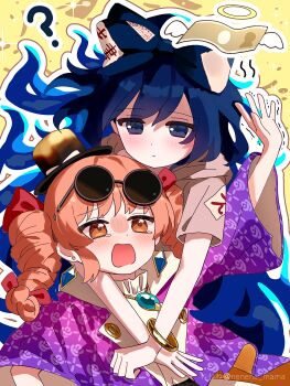 2girls ? angel_wings bangle banknote blue_bow blue_hair blue_skirt blush bow bracelet coat commentary_request drill_hair eyewear_on_head grey_hoodie hair_bow halo hat hat_bow highres hood hoodie hug hug_from_behind jewelry long_hair money multiple_girls necklace nene_man orange_eyes pendant pink_hair purple_coat round_eyewear short_sleeves siblings sisters skirt sunglasses tearing_up top_hat touhou trembling twin_drills very_long_hair wings yorigami_jo'on yorigami_shion
