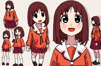 Rule 34 | 1girl, :d, absurdres, aged down, aged up, azumanga daioh's school uniform, azumanga daiou, beachepisode, black border, black eyes, black neckerchief, blush, border, breasts, brown footwear, brown hair, film grain, from side, full body, highres, jacket, kasuga ayumu, kneehighs, loafers, looking at another, looking at viewer, looking up, medium hair, multiple views, neckerchief, nose blush, open mouth, pink shirt, pleated skirt, red jacket, red skirt, sailor collar, school uniform, serafuku, shirt, shoes, short hair, skirt, small breasts, smile, socks, sparkling eyes, white background, white sailor collar, white socks, winter uniform