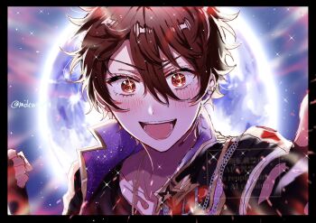 Rule 34 | 1boy, black border, black gloves, border, brown hair, chain, clenched hand, commentary request, ensemble stars!, fingerless gloves, gloves, hair between eyes, headset, highres, looking at viewer, male focus, morisawa chiaki, open mouth, short hair, solo, sparkle, star (symbol), takeda (mdca4649), teeth, twitter username, watermark