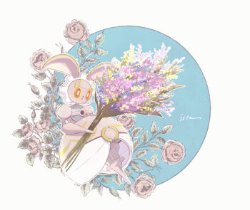 1girl :o bouquet colored_sclera commentary flower full_body gears gen_7_pokemon holding holding_bouquet humanoid_robot isutai legendary_pokemon looking_to_the_side magearna magearna_(normal) mythical_pokemon nintendo open_mouth pink_eyes pink_flower pink_rose pokemon pokemon_(creature) purple_flower red_sclera robot rose simple_background solo standing symbol-only_commentary white_background