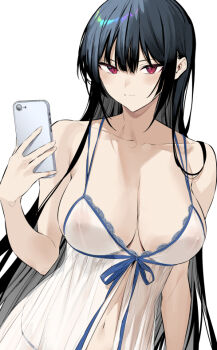 1girl bare_arms bare_shoulders black_hair blush breasts cellphone cleavage closed_mouth commentary_request covered_erect_nipples haite_kudasai_takamine-san hiiragi_yuuichi holding holding_phone large_breasts long_hair looking_at_viewer navel phone red_eyes see-through_clothes simple_background smartphone solo takamine_takane white_background