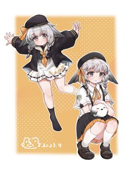 Rule 34 | 1girl, azur lane, beret, bird, black hat, black jacket, black shoes, black skirt, black socks, collared shirt, commentary request, dated, fumi (fyvr2372), grey eyes, grey hair, hair ribbon, hat, highres, jacket, kazagumo (after-school melody) (azur lane), kazagumo (azur lane), long sleeves, looking at viewer, miniskirt, mismatched socks, mole, mole under eye, multiple views, neckerchief, official alternate costume, open clothes, open jacket, orange background, orange neckerchief, orange ribbon, orange socks, pleated skirt, polka dot, polka dot background, puffy long sleeves, puffy sleeves, ribbon, sailor collar, shirt, shoes, short hair, short sleeves, skirt, socks, tit (bird), two-tone background, white background, white bird, white sailor collar, white shirt, white skirt, white socks, wing ears