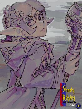 1girl bonelessbastion braid circlet commentary earrings english_commentary grey_background highres holding holding_staff hooded_robe jewelry limited_palette long_hair long_sleeves looking_at_viewer looking_back merlina_(sonic) parted_bangs parted_hair parted_lips pointy_ears ring robe single_braid smile solo sonic_(series) sonic_and_the_black_knight staff upper_body