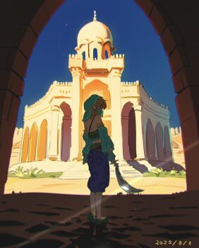 1boy aqua_scarf aqua_sleeves bare_shoulders blonde_hair blue_pants crop_top crossdressing crossdressing_(mtf) dated desert detached_sleeves full_body gerudo_set_(zelda) gold_trim harem_outfit harem_pants headscarf highres holding holding_sword holding_weapon link male_focus midriff mouth_veil nintendo palace pants pointy_ears sand scarf scimitar sidelocks socks solo sword the_legend_of_zelda the_legend_of_zelda:_breath_of_the_wild tkdnlerkdtpfsut veil weapon white_socks