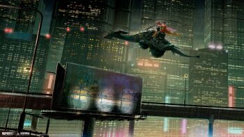 2girls absurdres beanie billboard black_bodysuit black_boots black_hat black_shirt bodysuit boots brown_hair building city_lights cityscape coat copyright_name copyright_notice driving hat highres lamppost logo long_hair mingshuang_(xinyue_tongxing) multiple_girls night official_art official_wallpaper orange_coat orange_pants outdoors pants pink_hair ponytail rain riding scenery shirt very_long_hair viaduct wide_shot xinyue_tongxing