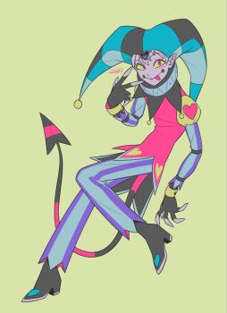 1boy :p aqua_hat aqua_pants black_boots black_gloves black_tail boots circle_facial_mark colored_sclera colored_shoe_soles colored_skin commentary_request demon_boy demon_tail eyeshadow fingerless_gloves fizzarolli_(helluva_boss) forked_tongue full_body gloves hair_between_eyes hand_up hat hat_bell heart heart_print hellaverse helluva_boss high_heel_boots high_heels highres humanization jester jester_cap knees_together_feet_apart long_sleeves looking_at_viewer makeup male_focus menma_(enaic31) neck_ruff pants pink_eyes pink_shirt purple_eyeshadow purple_pants red_tail shirt short_hair signature simple_background solo standing standing_on_one_leg striped_clothes striped_pants striped_tail tail tongue tongue_out two-tone_pants two-tone_tail uneven_eyes vertical-striped_clothes vertical-striped_pants very_short_hair w w_over_eye white_hair white_skin wristband yellow_background yellow_sclera