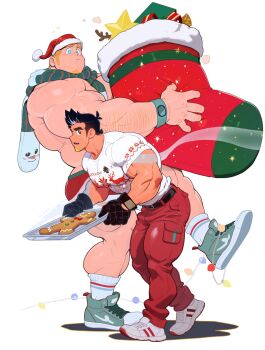 Rule 34 | 2boys, arm hair, bara, belt, biceps, black gloves, black hair, blonde hair, blue eyes, broad shoulders, brown eyes, calves, chest hair, christmas, christmas stocking, christmas tree print, facial hair, full body, gingerbread man, gloves, goatee, green scarf, green shoes, grey hair, hat, highres, huge pectorals, large hands, leg hair, male focus, multicolored hair, multiple boys, muscular, muscular arms, muscular male, open mouth, original, pants, pocket, red pants, red shorts, reindeer print, santa hat, scarf, shirt, shoes, shorts, sideburns, simple background, size difference, sneakers, socks, star (symbol), sweat, thick eyebrows, thick thighs, thighs, triceps, two-tone hair, uleez, veins, veiny arms, white background, white shirt, white shoes, white socks, yellow pupils