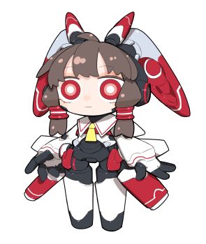 1girl absurdres antennae ascot brown_hair cheri_zao chibi commentary_request detached_sleeves hair_tubes hakurei_reimu headgear highres joints looking_at_viewer mecha_musume mechabare mechanical_arms mechanical_legs mechanization medium_hair red_eyes sailor_collar science_fiction solo standing thigh_gap thrusters touhou white_background