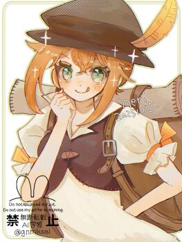 1girl :q artist_name backpack bag black_hat brown_bag brown_hair commentary_request dated green_eyes han_(hn-khk) hat hat_feather highres octopath_traveler octopath_traveler_i solo sparkle standing tongue tongue_out tressa_(octopath_traveler) tressa_colzione twitter_username watermark