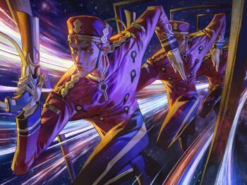 1boy buttons deadlock_(game) door doorman_(deadlock) double-breasted expressionless gun hieumay highres holding holding_gun holding_weapon male_focus multiple_persona portal_(object) running solo weapon white_eyes