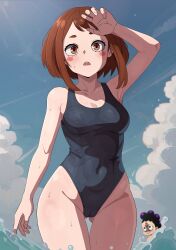 Rule 34 | 1boy, 1girl, arm at side, arm up, armpits, blue one-piece swimsuit, blue sky, blush, boku no hero academia, breasts, brown eyes, brown hair, cleft of venus, cloud, collarbone, covered navel, day, eyebrows, eyelashes, fenqury, highleg, highleg swimsuit, looking at another, looking at viewer, matching hair/eyes, medium breasts, medium hair, mineta minoru, one-piece swimsuit, open mouth, sky, solo focus, standing, swimsuit, teeth, upper teeth only, uraraka ochako, water