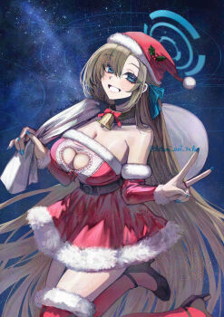 1girl absurdly_long_hair absurdres asuna_(blue_archive) bag bell belt blonde_hair blue_archive blue_eyes blue_halo blue_nails breasts carrying_over_shoulder cleavage collar detached_sleeves dress fur-trimmed_dress fur-trimmed_thighhighs fur_trim grin halo hat hat_ornament hatsumi_aoi high_heels highres holding holding_bag large_breasts long_hair looking_at_viewer mistletoe_hair_ornament neck_bell santa_costume santa_dress santa_hat sky smile solo star_(sky) starry_sky thighhighs thighs v very_long_hair zettai_ryouiki